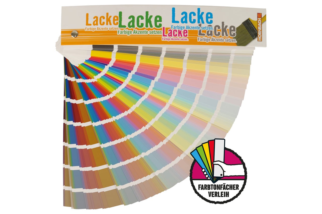 Lackfarbenfächer mit Farbmustern und Hornbach Logo