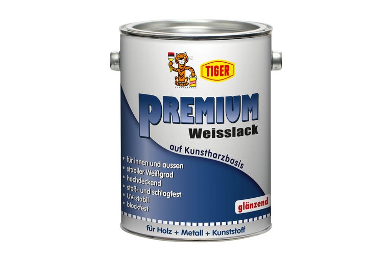 Dose Premium Weißlack auf Kunstharzbasis für Holz, Metall und Kunststoff von Tiger