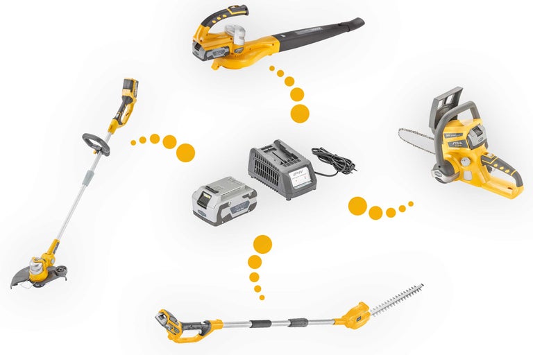 Akkubetriebene Gartengeräte von Stiga mit Akku und Ladegerät