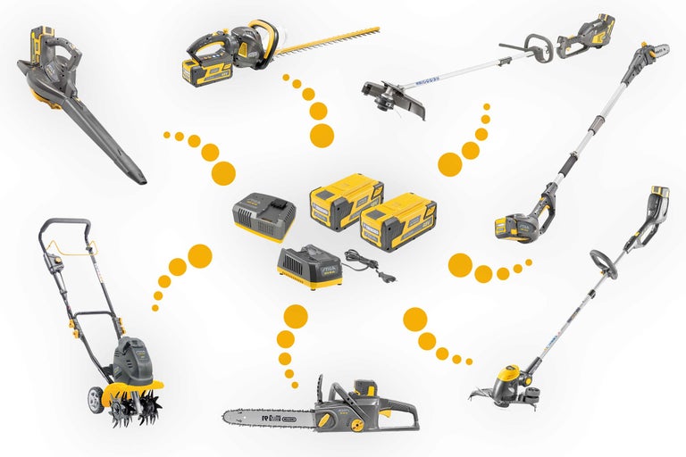 Akkubetriebene Gartengeräte von Stiga: Laubbläser, Heckenschere, Rasentrimmer, Hochentaster, Motorsense, Kettensäge, Akku und Ladegerät