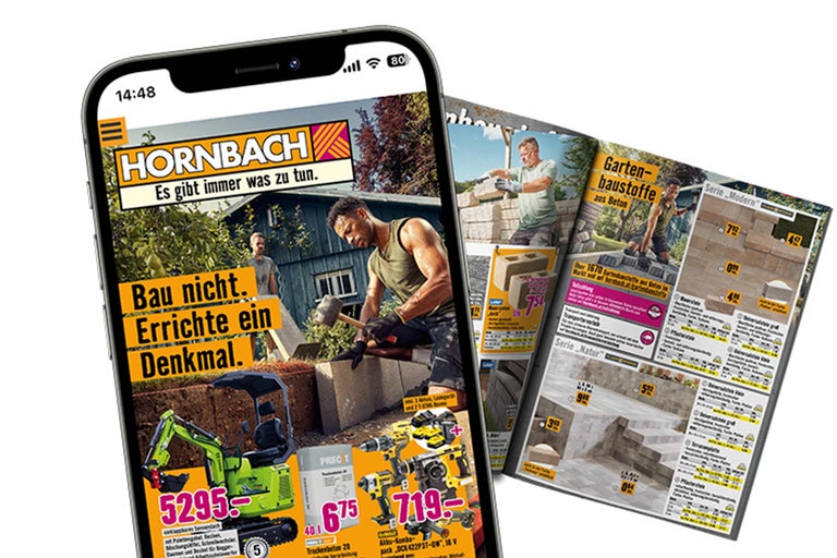 Smartphone mit der Hornbach Webseite und Hornbach Werbematerialien