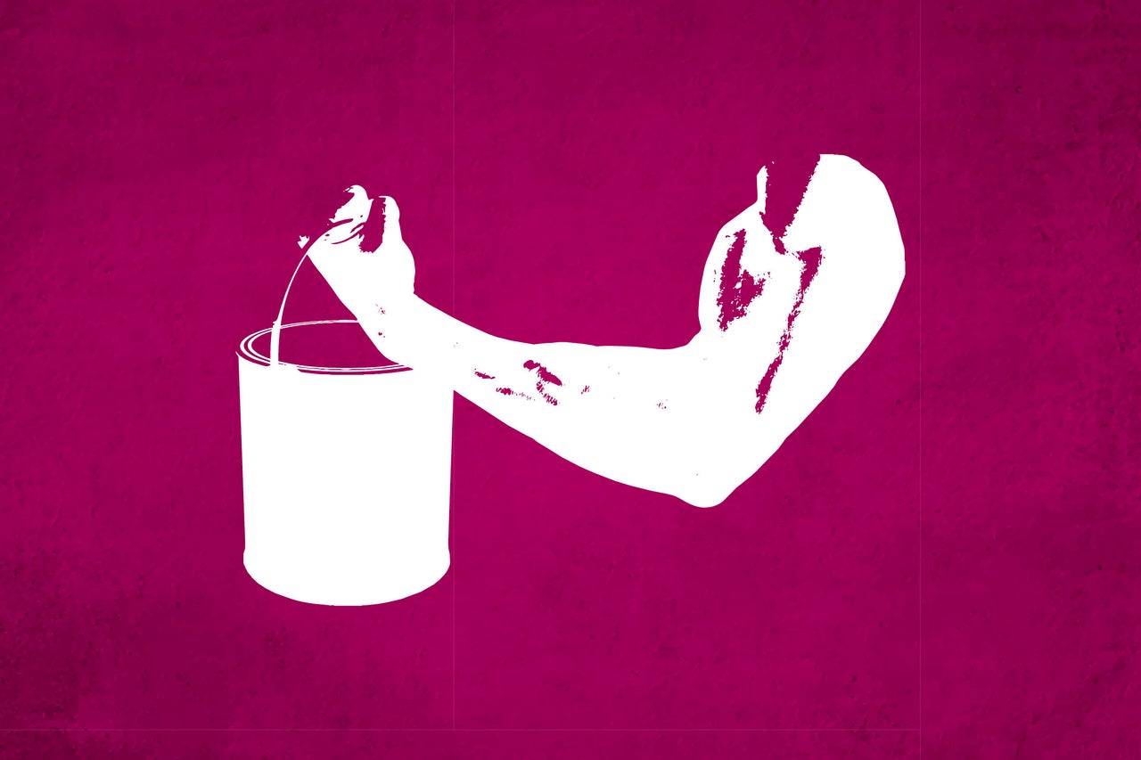 Stilisierte Darstellung eines muskulösen Arms, der einen Farbeimer hält, als Symbol für Leistungsstärke und Handwerk.