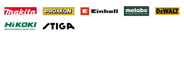 Markenlogos von Makita, Proxxon, Einhell, Metabo, DeWalt, Hikoki und Stiga