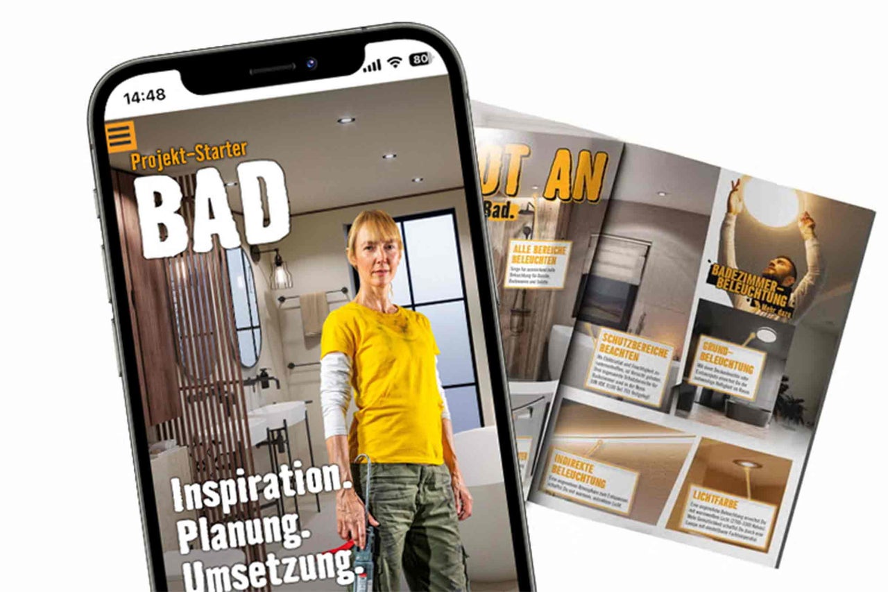 Smartphone zeigt Hornbach Bad-Projekt-Starter und Bad-Ratgeber