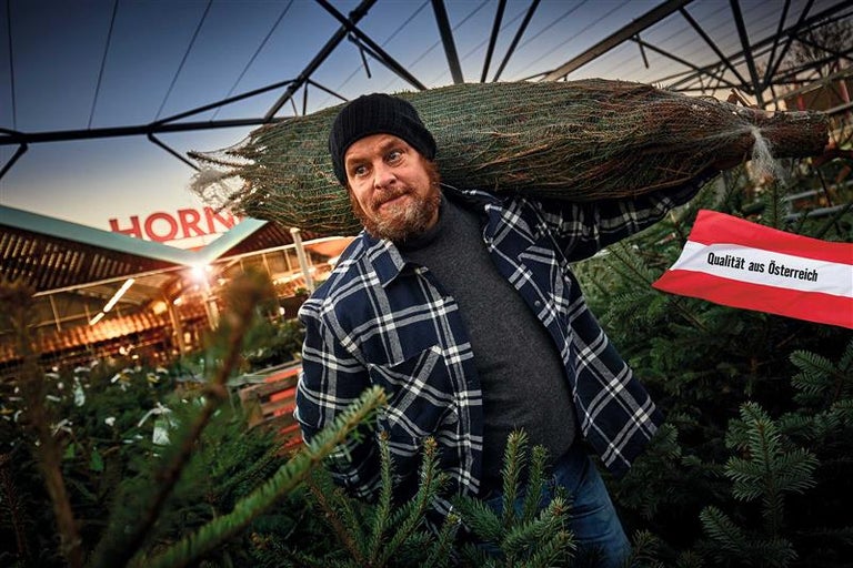Mann trägt Weihnachtsbaum vor Hornbach Filiale. Qualität aus Österreich.
