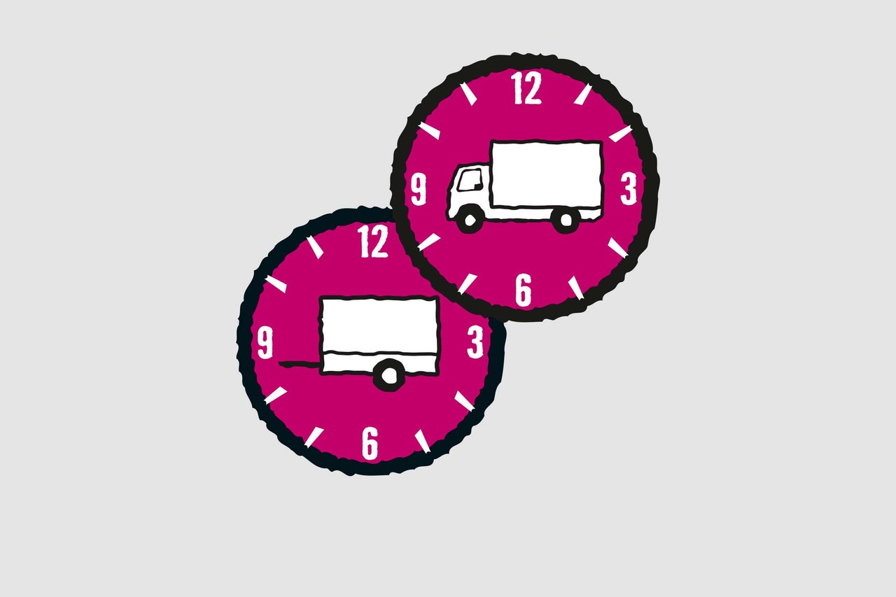 Symbol für Lieferzeit mit LKW in Uhr