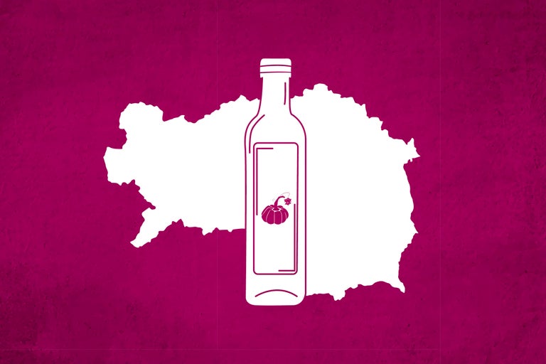 Stilisierte Darstellung einer Flasche Kürbiskernöl vor der Umrisskarte der Steiermark.