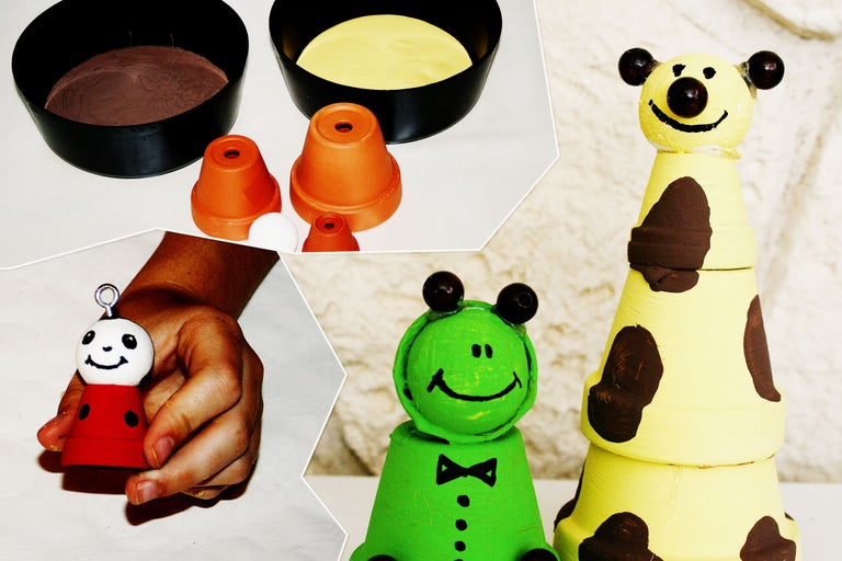 Collage mit Bastelideen aus Tontöpfen, darunter eine Froschfigur, eine Kuhfigur und eine Figur in der Hand.