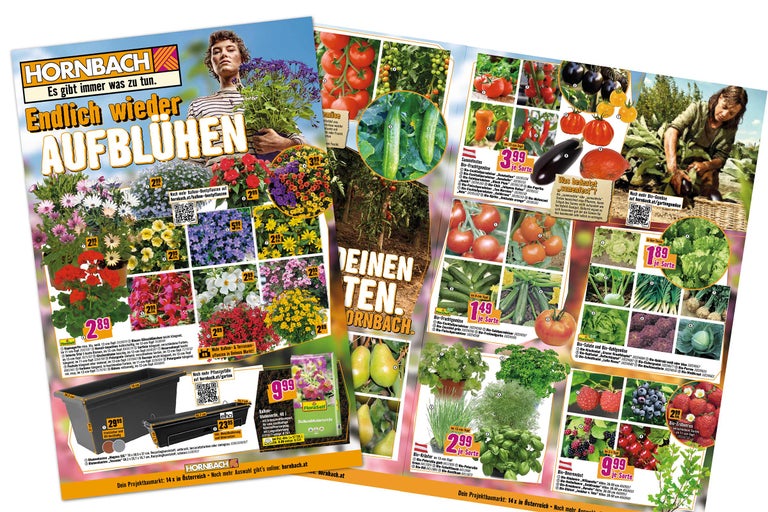 Hornbach Werbeprospekt mit Gartenprodukten wie Pflanzen, Gemüse und Zubehör