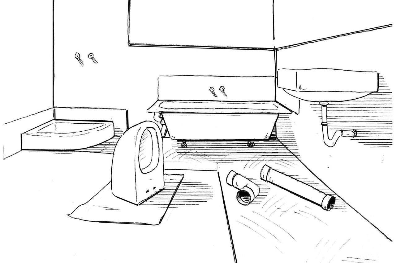 Skizze eines Badezimmers mit Badewanne, Waschbecken, Toilette und Sanitärinstallationsmaterial