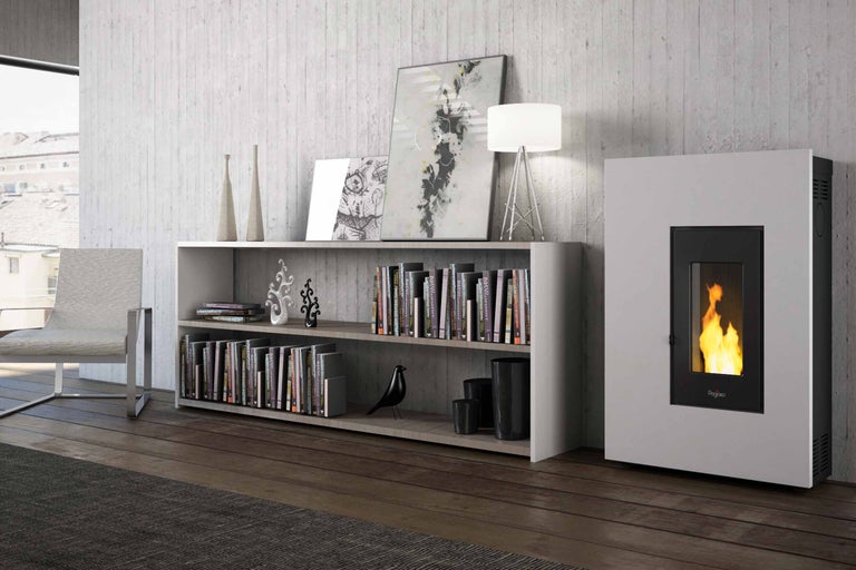 Wohnzimmer-Szene mit Bücherregal und Pelletofen