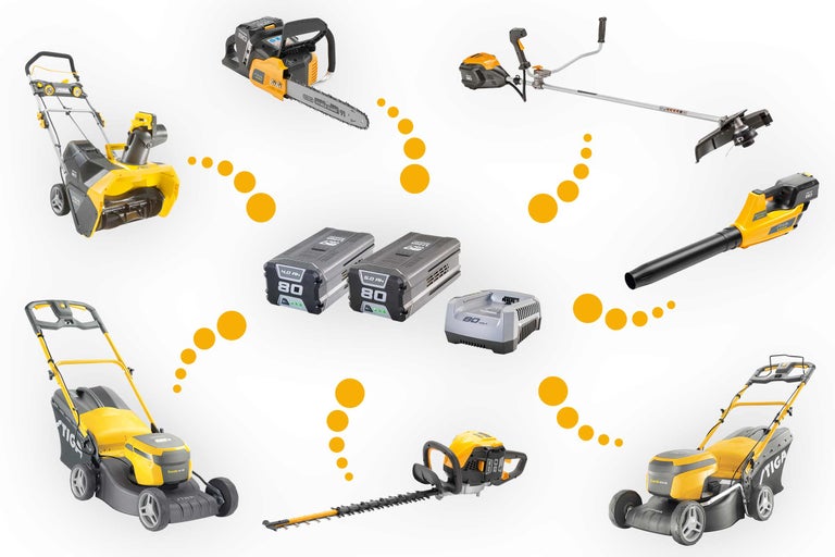 Produktübersicht von Gartengeräten, darunter Rasenmäher, Kettensäge, Laubbläser, Heckenschere, Schneefräse, Rasentrimmer, Akkus und Ladegerät