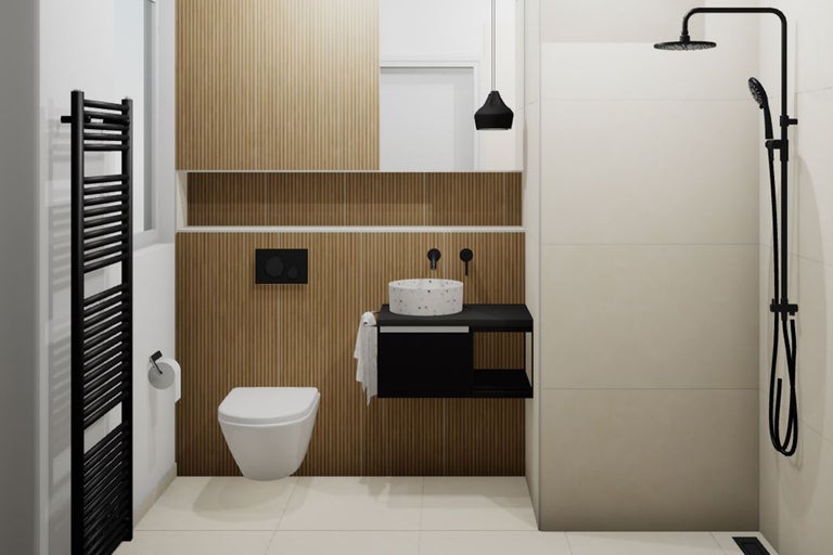 Modernes Badezimmer mit Toilette, Waschtisch, Handtuchheizkörper und Dusche