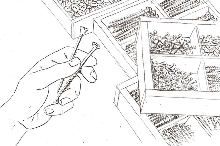 Illustration einer Hand, die Schrauben hält, mit Sortierboxen gefüllt mit Schrauben im Hintergrund