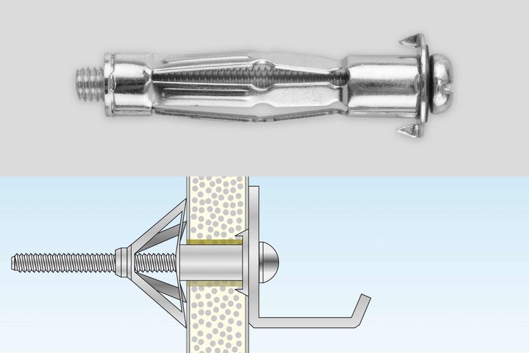 Metall Kippdübel mit Schraube und schematischer Darstellung der Anwendung.