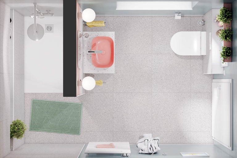 Draufsicht eines hellen Badezimmers mit Dusche, Waschbecken, Toilette und Dekoration