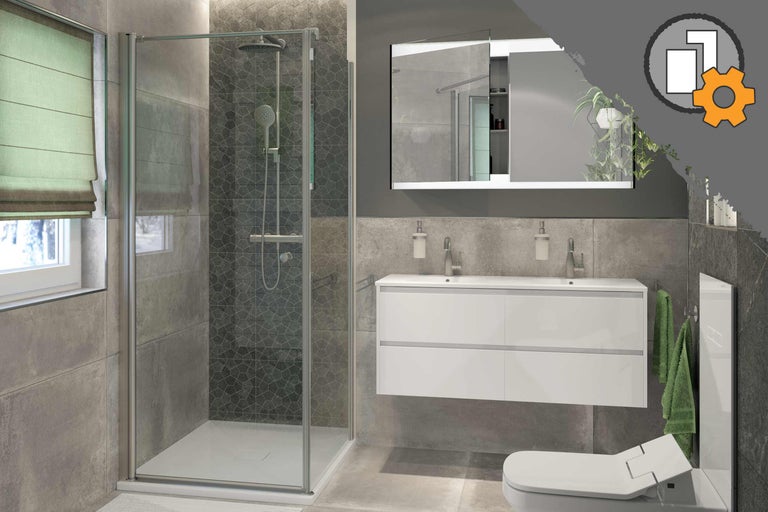 Modernes Badezimmer mit Duschkabine, Waschtisch und Spiegelschrank