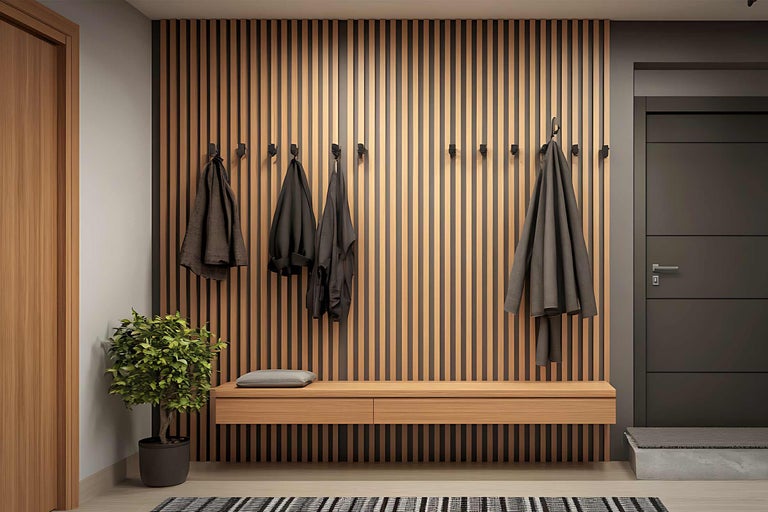 Eingangsbereich mit Holzpaneelwand, Garderobenhaken, Bank und Zimmerpflanze für einen freundlichen Empfang