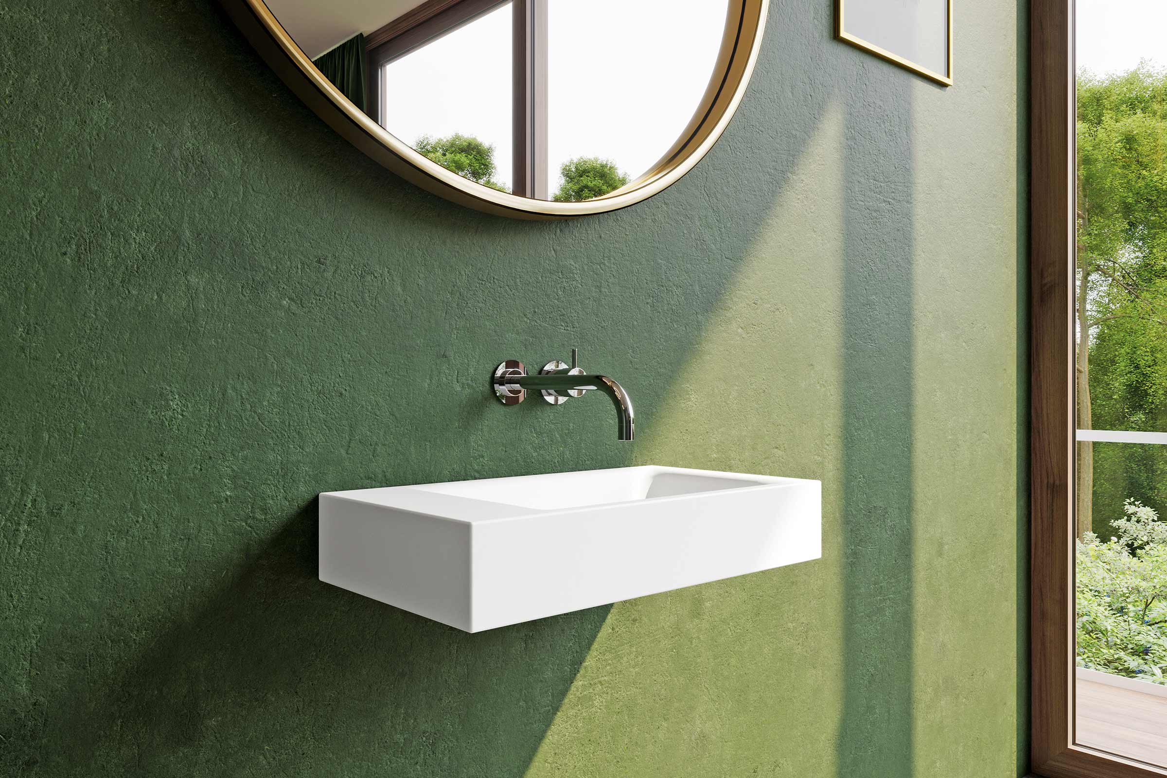 Modernes Badezimmer mit weißem Aufsatzwaschbecken, Armatur und Spiegel