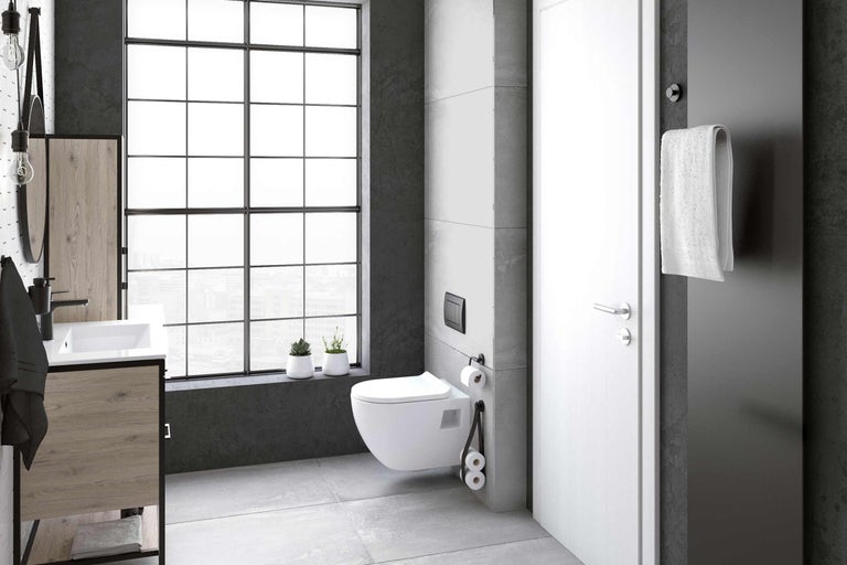 Modernes Badezimmer mit Waschtisch, Wand-WC, Fenster und Heizkörper