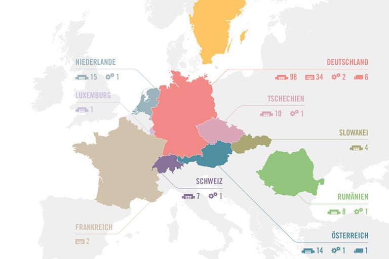 Karte von Europa mit Hornbach Standorten in verschiedenen Ländern