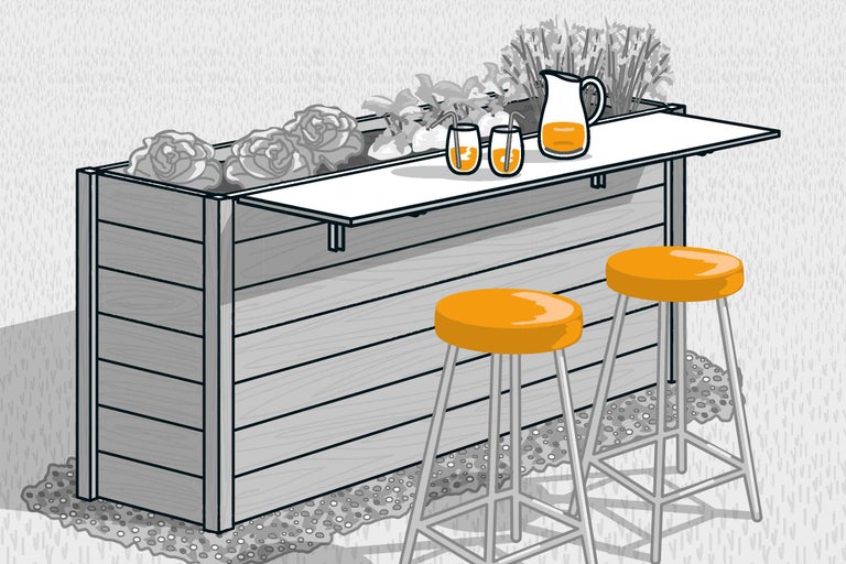 Gartenbar mit Hochbeet, zwei Barhockern und Getränken