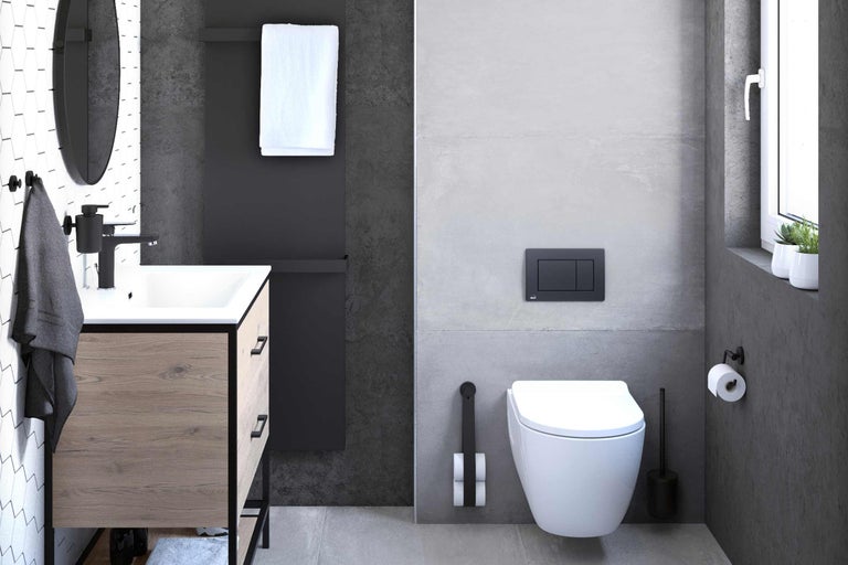 Modernes Badezimmer mit Waschtisch, Toilette und Heizkörper