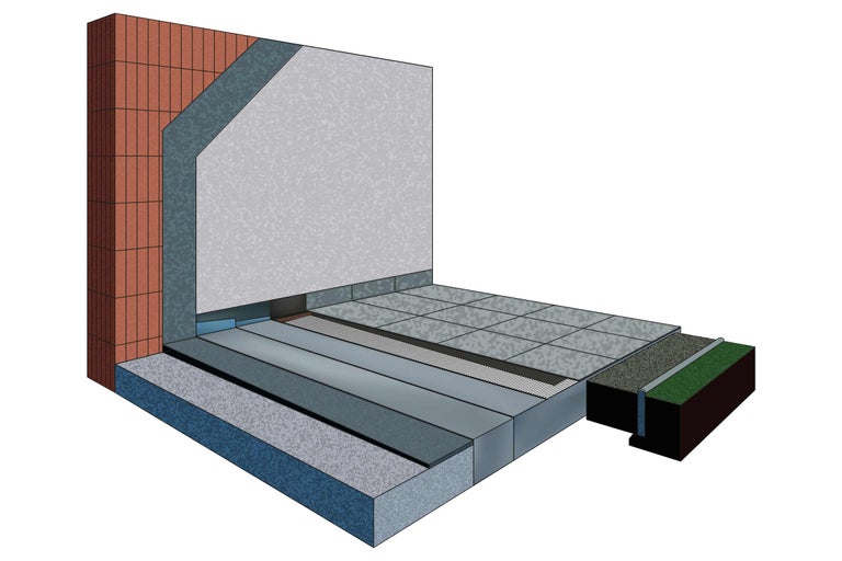 Detaildarstellung des Terrassenaufbaus mit Mauerwerk, Dämmung und verschiedenen Bodenelementen.