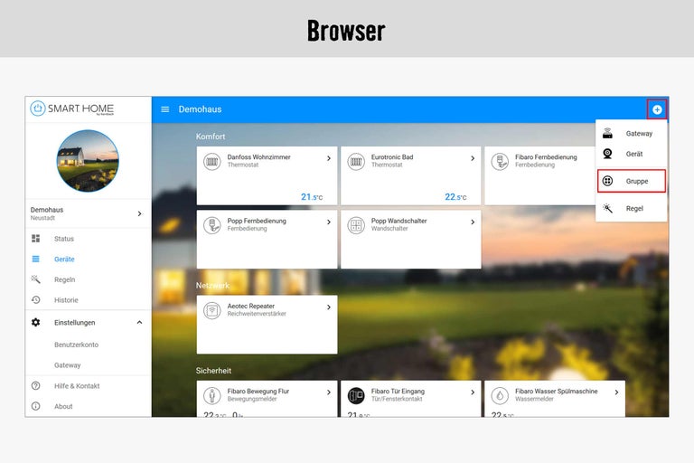 Smart Home App Browseransicht mit Thermostaten, Bewegungsmeldern und Geräten
