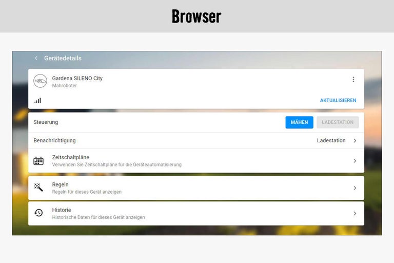 Browseransicht der Gardena SILENO City Mähroboter App mit Optionen wie Steuerung, Benachrichtigung, Zeitpläne, Regeln und Historie