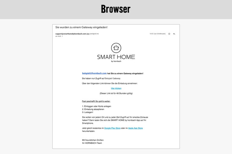 E-Mail Benachrichtigung über eine Einladung zum Smart Home Gateway