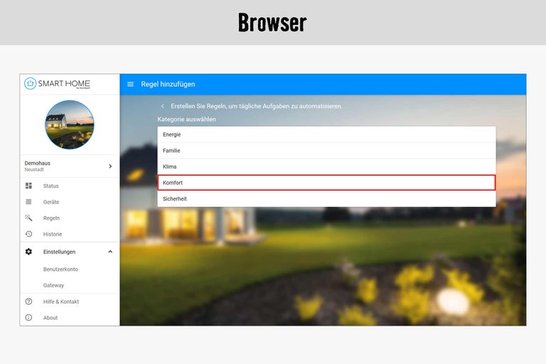 Smart Home Browseransicht zur Regelerstellung und Auswahl von Kategorien