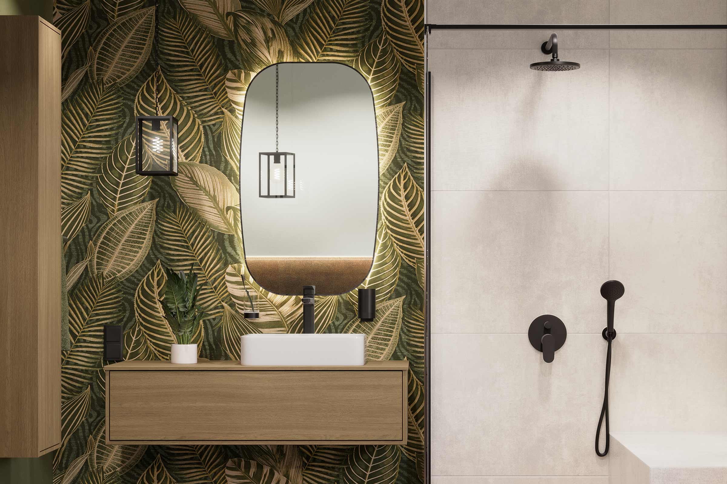 Modernes Badezimmer mit Waschtischunterschrank, Spiegel, Dusche und floraler Tapete.