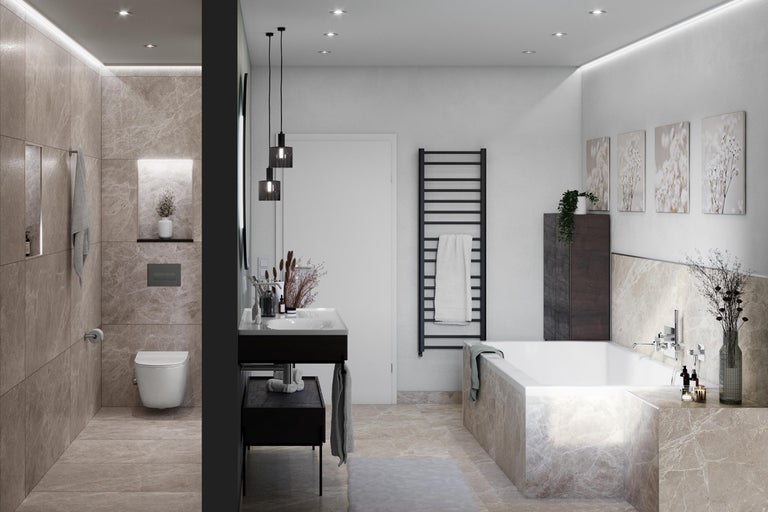 Helles Badezimmer mit Badewanne, Waschtisch, Toilette und Heizkörper