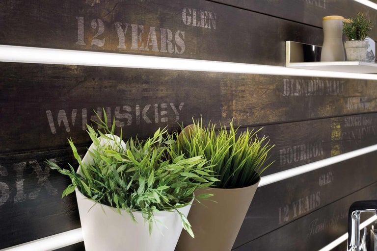 Dekorative Wandpaneele mit Pflanzen in Töpfen und Regalen