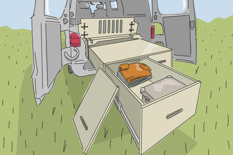 Illustration eines ausgebauten Kastenwagens mit Möbelboxen für Campingausrüstung