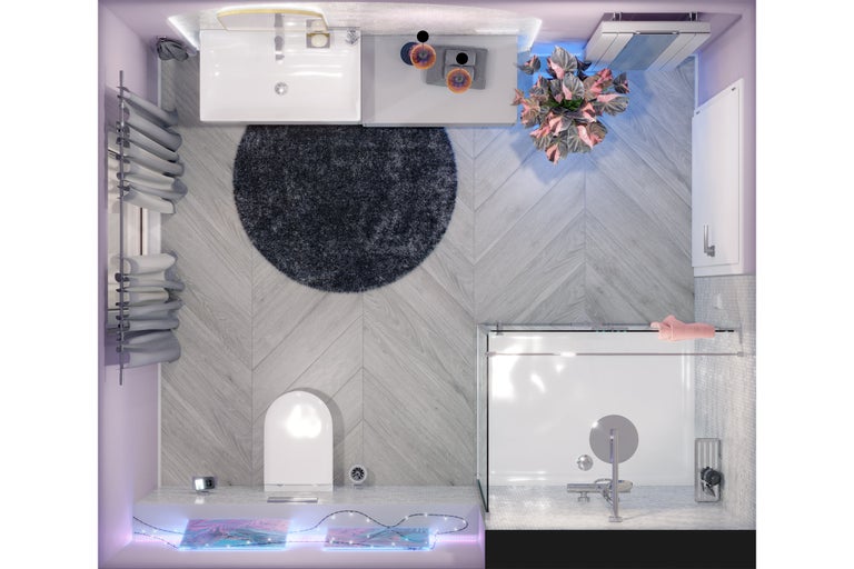 Badezimmer-Ansicht von oben mit Waschbecken, Toilette, Badewanne, Teppich und Dekoration