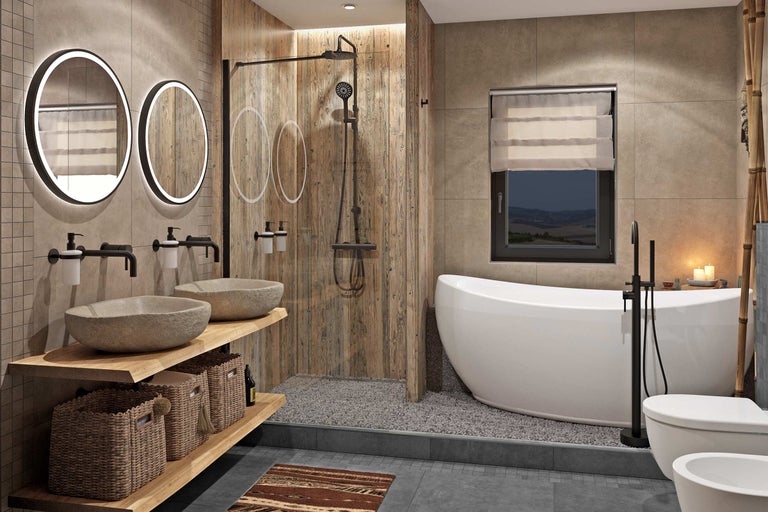 Helles Badezimmer mit Doppelwaschbecken, Dusche, Badewanne und WC