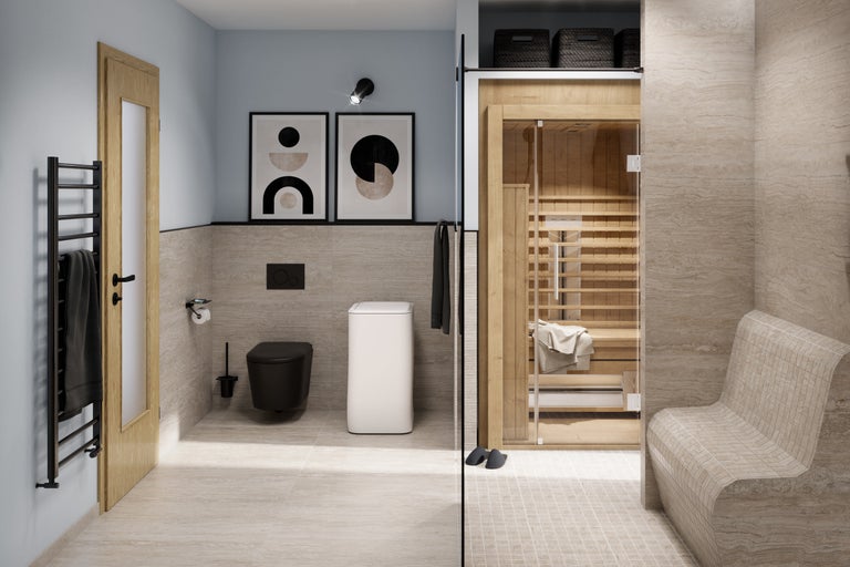 Helles Badezimmer mit Sauna, Toilette und Heizkörper