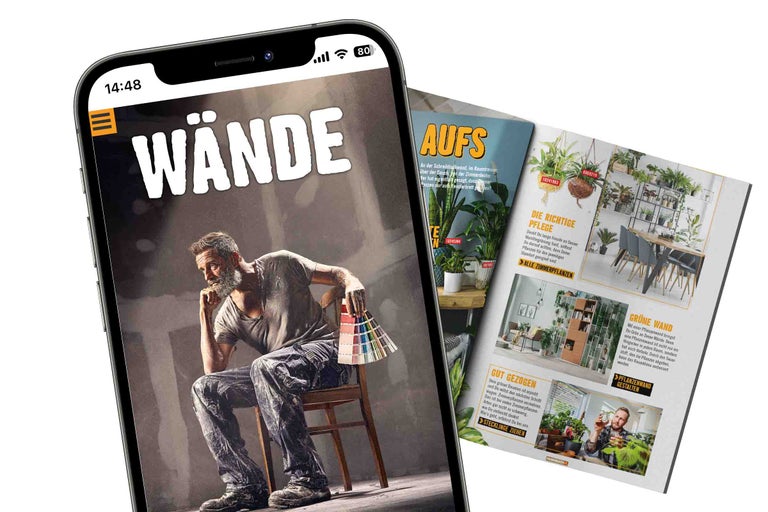 Smartphone mit der Hornbach Wände Kampagne und ein Magazin mit Pflanzeninspiration