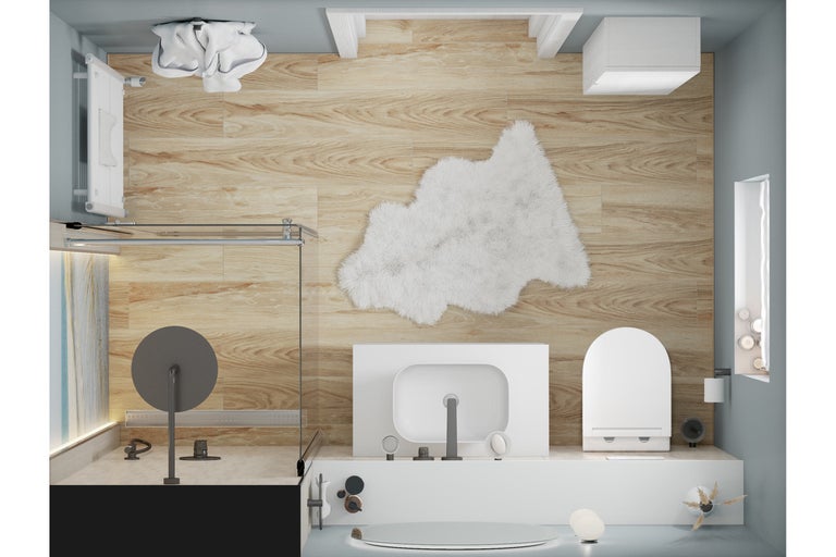 Ansicht von oben eines hellen Badezimmers mit Dusche, Waschtisch, Toilette und Holzboden