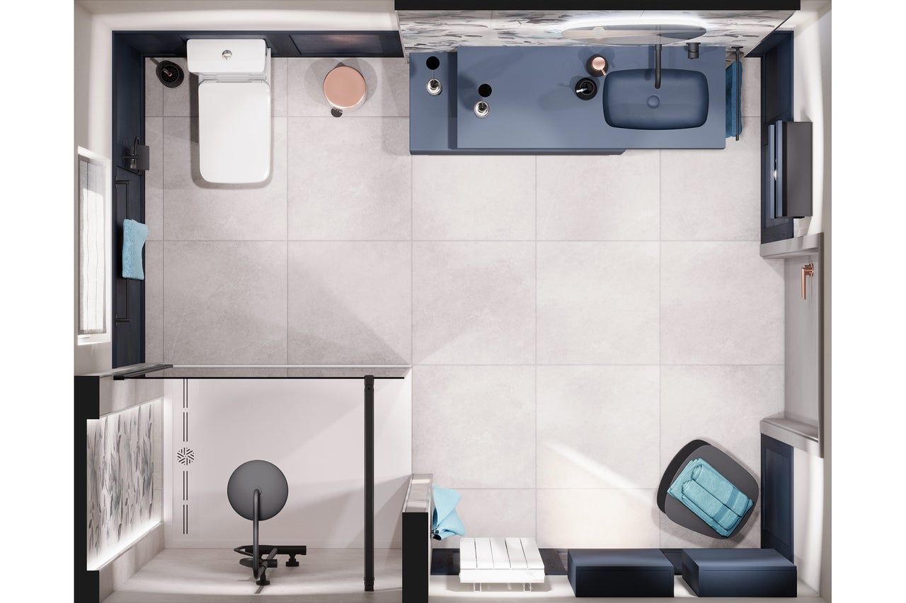 Draufsicht eines modernen Badezimmers mit Toilette, Waschtisch, Dusche und Sitzecke