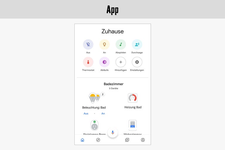 App-Ansicht zur Haussteuerung mit Beleuchtung, Heizung, Steckdose und Sprachassistent