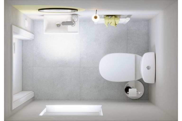 Helles, modernes Badezimmer in Draufsicht mit grauen Bodenfliesen, weißem WC, Waschbecken mit Armatur und Handtuchheizkörper.