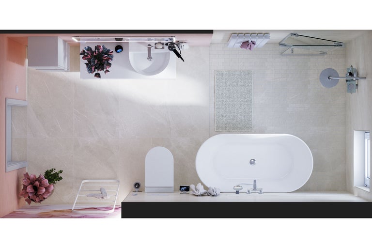 Draufsicht eines Badezimmers mit Badewanne, Waschtisch, Toilette und Dusche