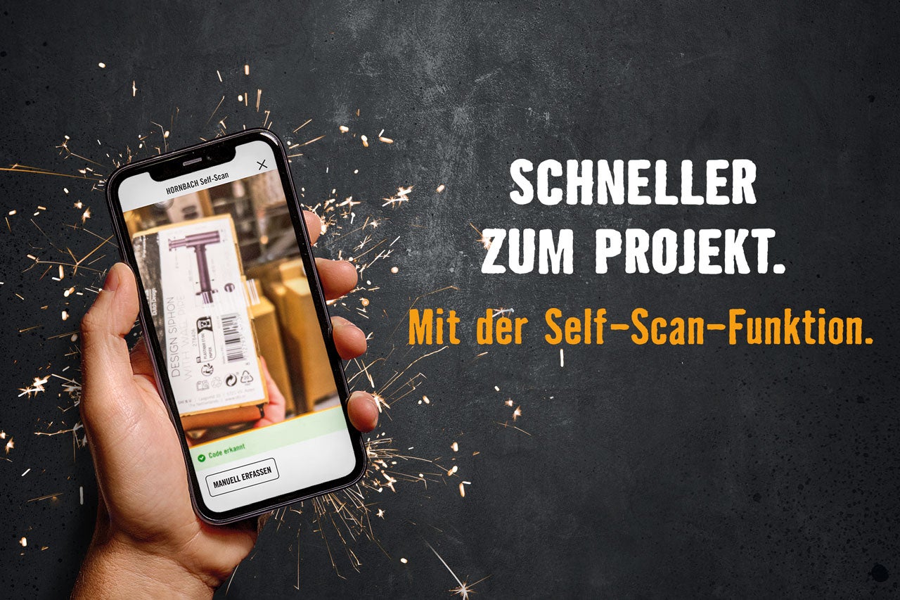 Ein Smartphone zeigt die Hornbach Self-Scan Funktion zum schnelleren Einkauf.