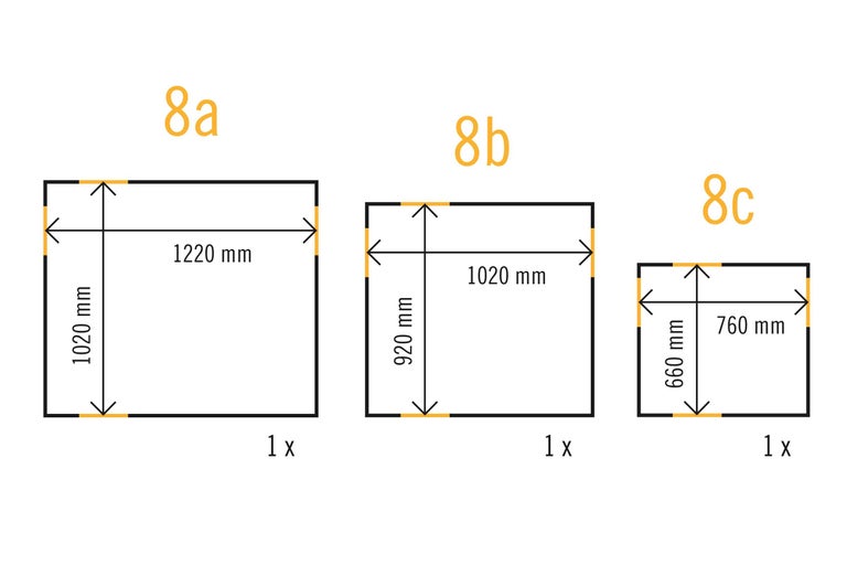 Abmessungen von drei rechteckigen Rahmen: 1220 mm mal 1020 mm, 1020 mm mal 920 mm und 760 mm mal 660 mm