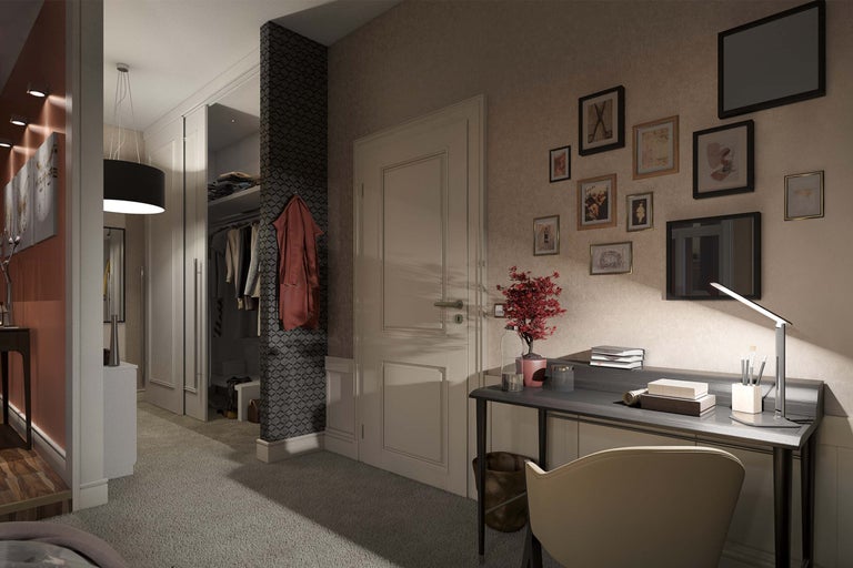 Innenraumansicht eines Arbeitszimmers mit Schreibtisch, Stuhl und verschiedenen Dekorationen