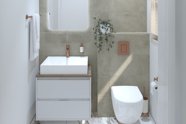 Helles Badezimmer mit Waschbecken, Spiegel, Toilette und Accessoires