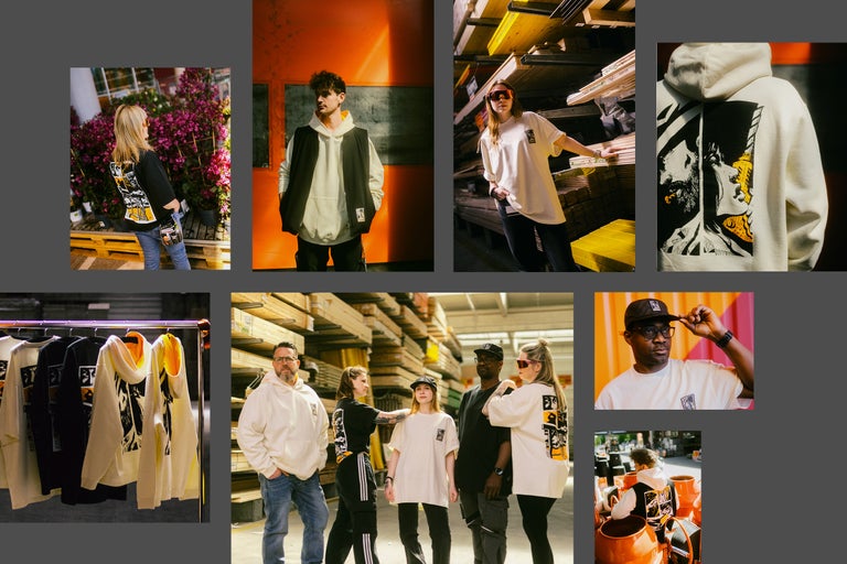 Collage von Personen in Hornbach Streetwear wie Hoodies und T-Shirts mit Grafik-Prints in einem Baumarkt-Lager mit Holzstapeln.